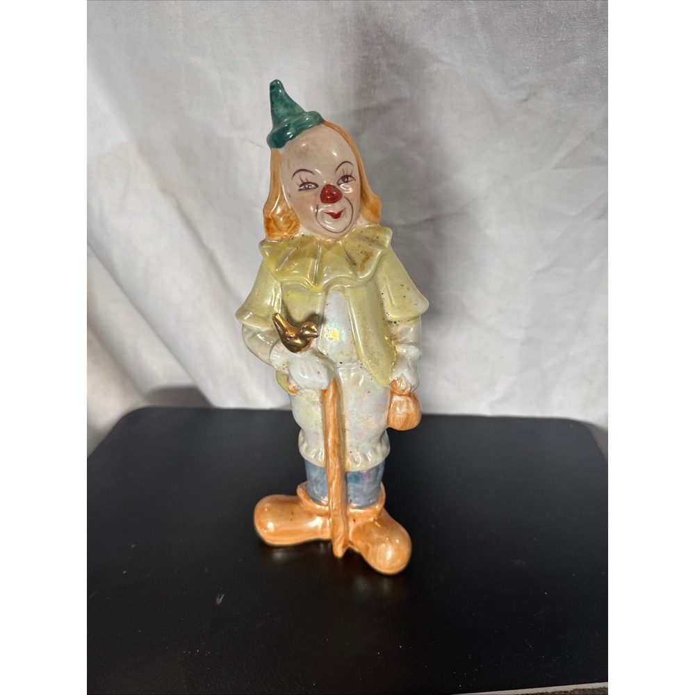 Vintage Iridescent Ceramic Clown Figurine Gold Bird Cane Hand Painted 8.5 Inch